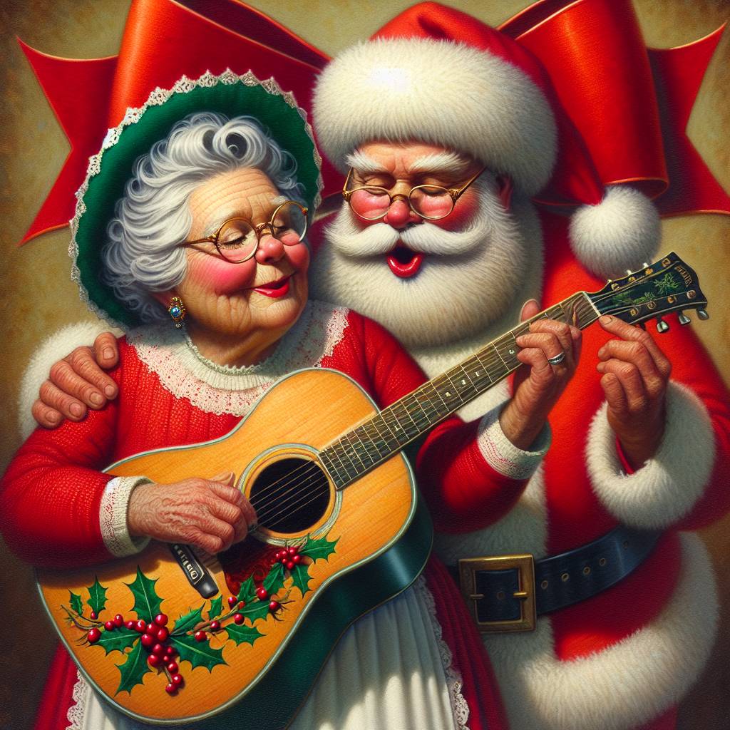 3) Christmas AI Generated Card - Mrs Clause playing guitar with Santa and money tin (6a47e)