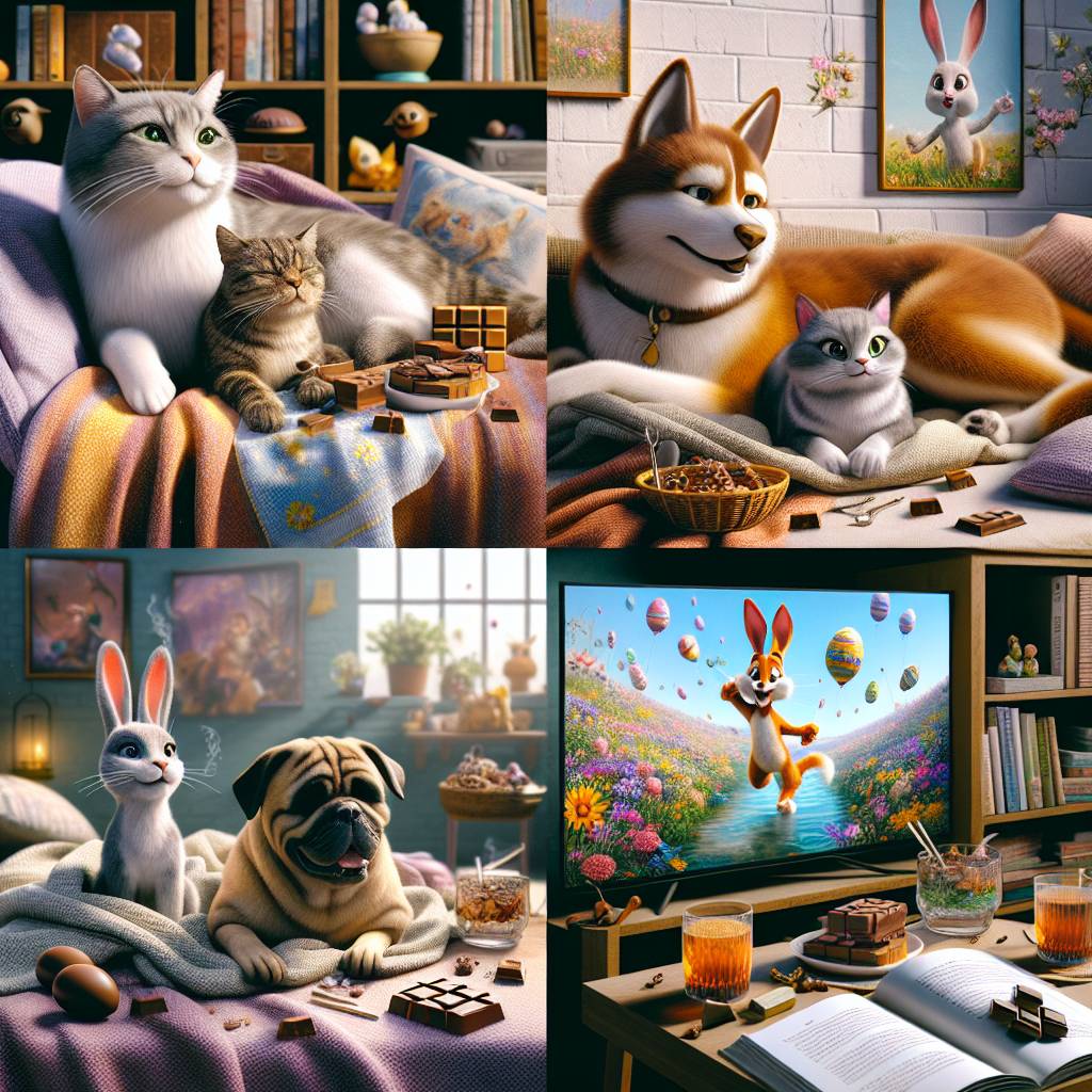 2) Easter AI Generated Card - Cats, Dogs, Chocolate, Sweets, Hot water bottles, Blankets, Listening to music, Watching TV, Watching movies, Writing stories, and Reading (fda46)