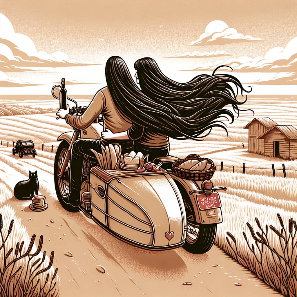 1) Valentines-day AI Generated Card - Motorbike, Travel, Long dark hair, Jamesons, Black cat, and Food (5add1)