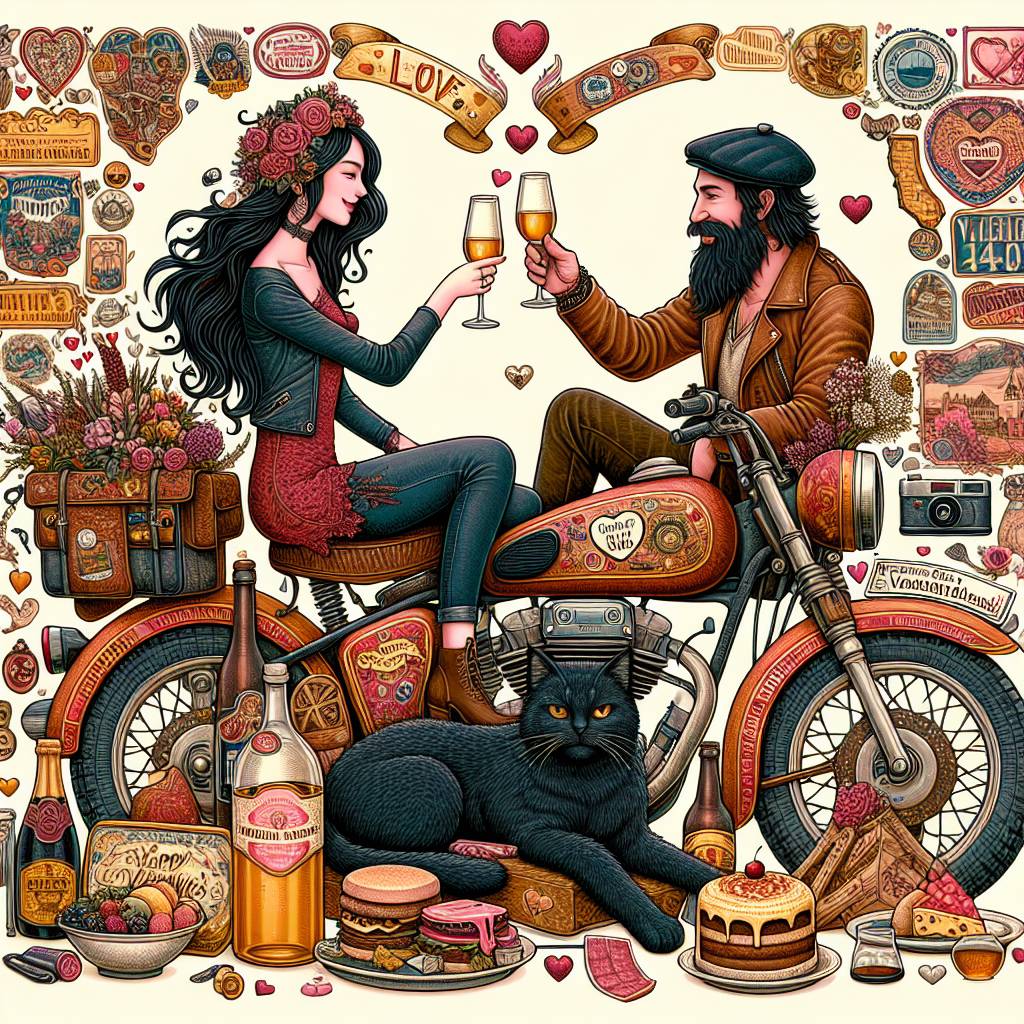 2) Valentines-day AI Generated Card - Motorbike, Travel, Long dark hair, Jamesons, Black cat, and Food (1a937)