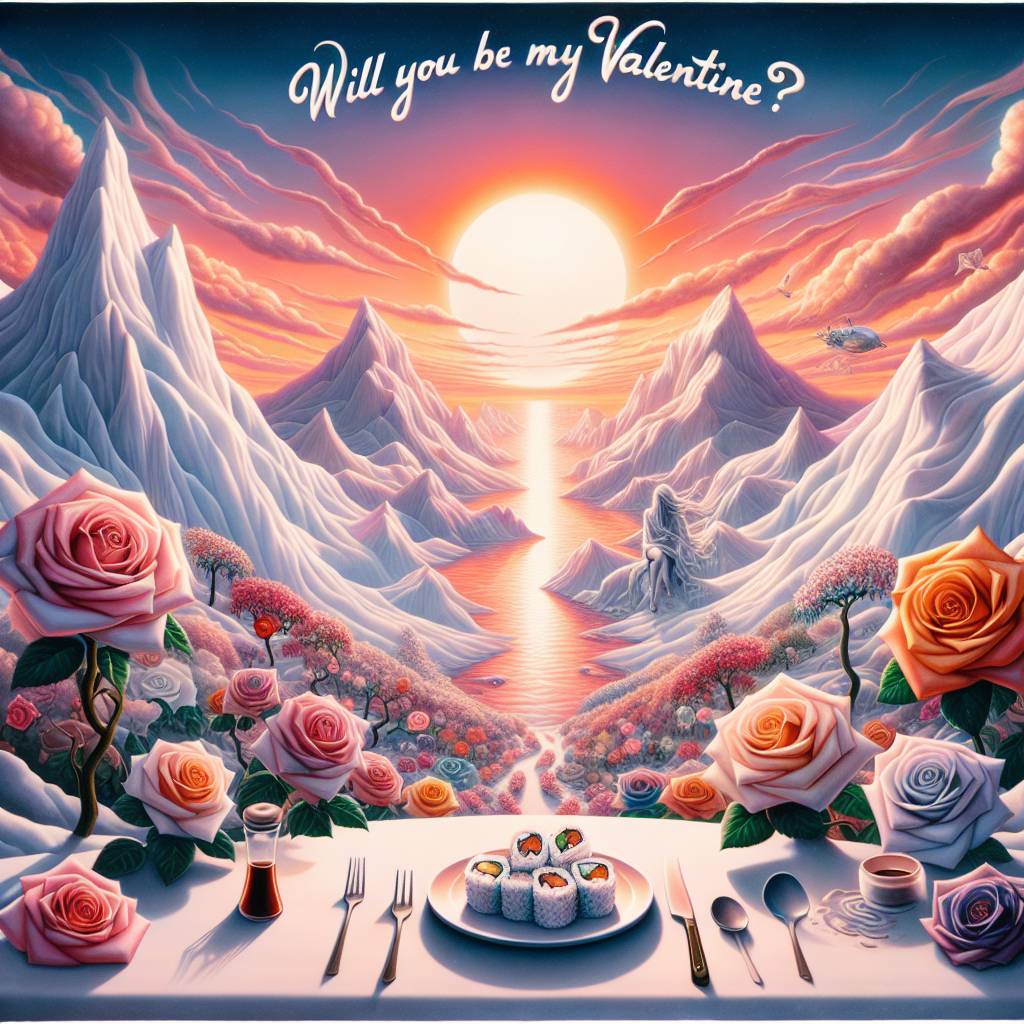 1) Valentines-day AI Generated Card - Snow covered mountains, Sunset, Roses , Romantic, Sushi, and Text: will you be my valentine? (218aa)