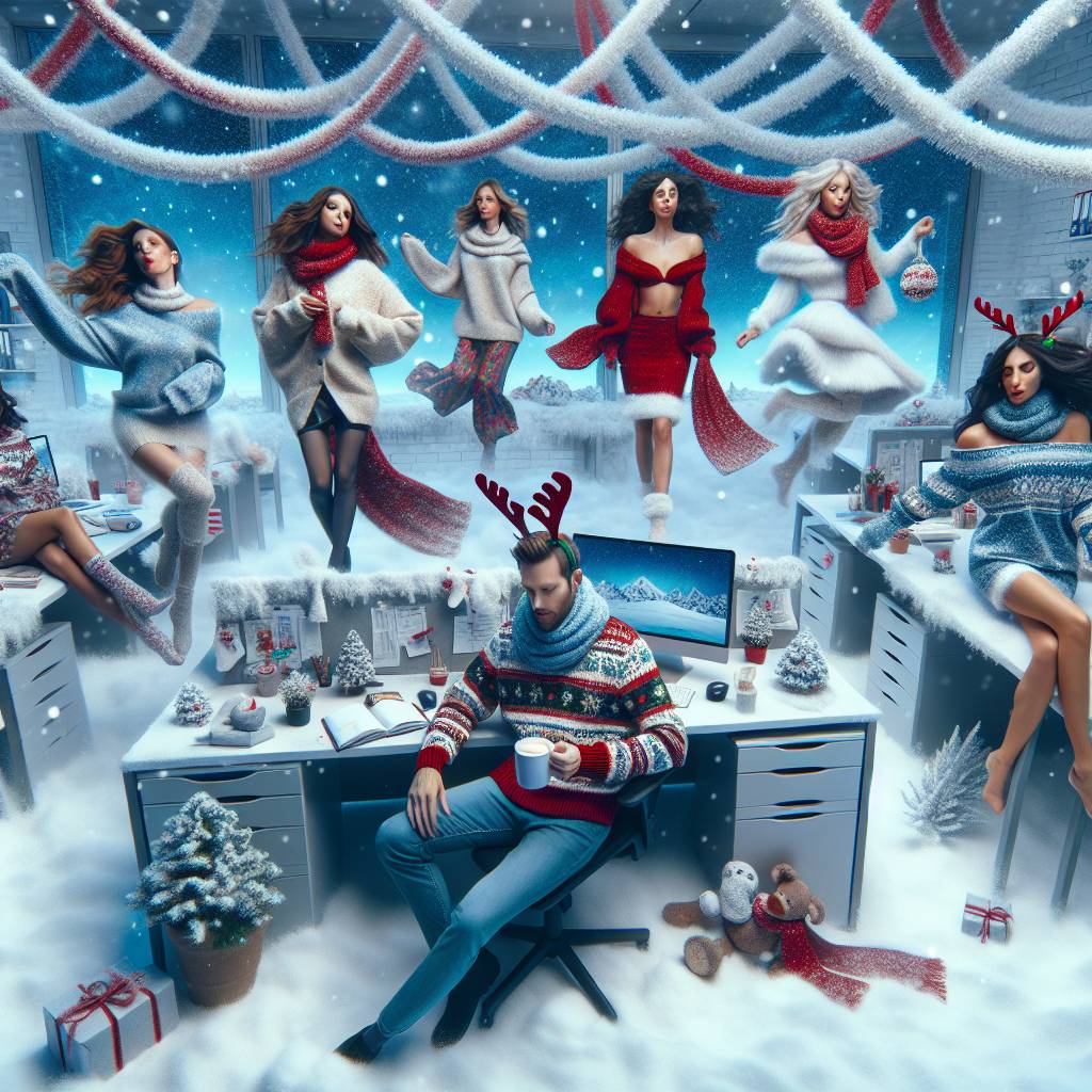 2) Christmas AI Generated Card - Winter office scene with 9 females and one male (2df1b)