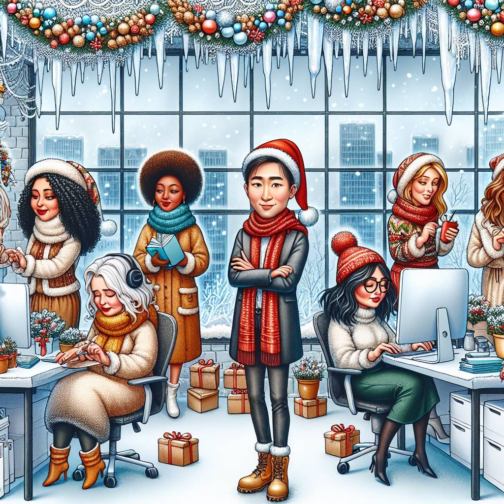1) Christmas AI Generated Card - Winter office scene with 9 females and one male (7244e)