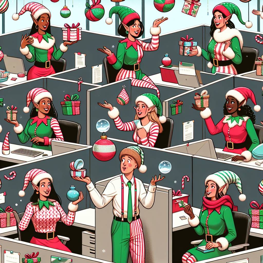 3) Christmas AI Generated Card - Winter office scene with 9 females and one male (fdd9e)