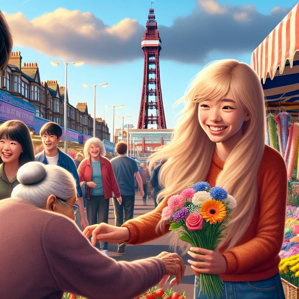 1) Mothers-day AI Generated Card - Girl with long strawberry blonde hair, Boy with blond bowl cut hair, Blackpool, and Older woman with platinum hair in a long bob (35f54)