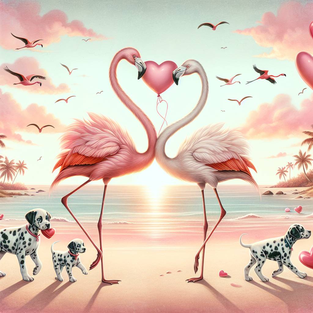 1) Valentines-day AI Generated Card - Flamingos , Dalmatians , and Beach (44b27)