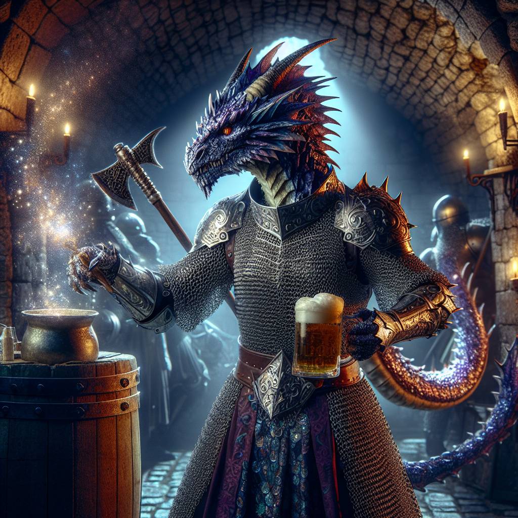 1) Birthday AI Generated Card - Humanoid dragon female, Horns, Dragon tail, Purple and blue scales, Lightning, Chainmail armour, Battleaxe, Pitcher of beer, Dungeon, Fantasy, and Violence  (6b325)