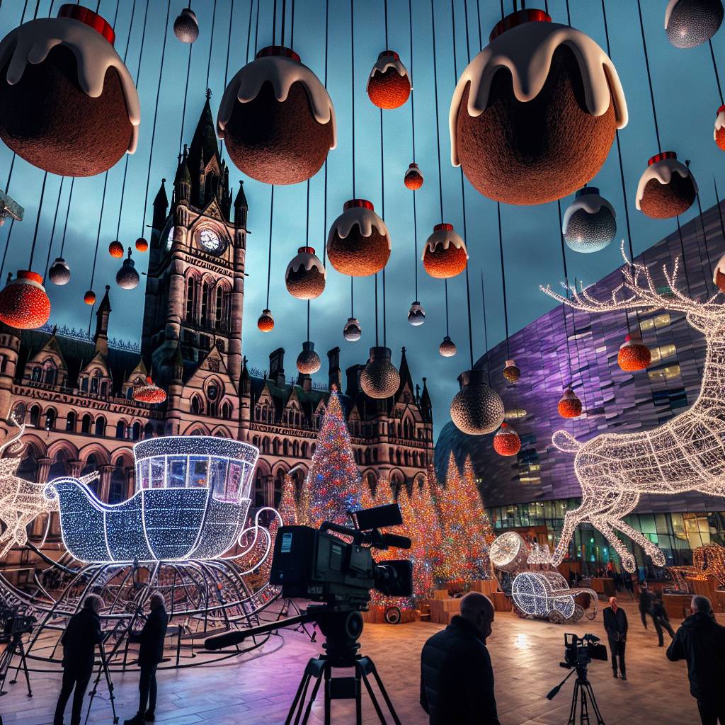 4) Christmas AI Generated Card - Tv cameras, Christmas puddings, Sleigh, Computer screens, Illuminated decorations, Christmas trees, Media city, and Manchester town hall (65a2b)