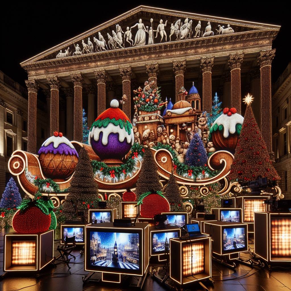 3) Christmas AI Generated Card - Tv cameras, Christmas puddings, Sleigh, Computer screens, Illuminated decorations, Christmas trees, Media city, and Manchester town hall (a74d5)