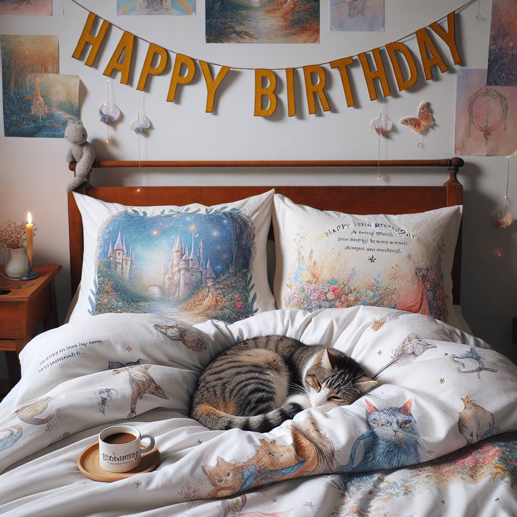 2) Birthday AI Generated Card - Tabby cat , Disney, Cleaning , Bed, and Coffee  (a03b6)