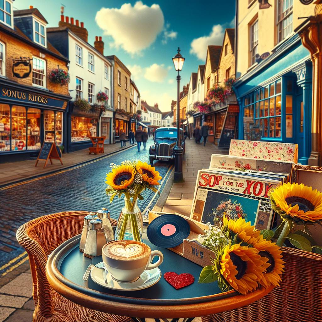 1) Valentines-day AI Generated Card - Bistro table set for two outside a café , Vinyl records, English market street town, Cappuccino on the table, Love, Sunflowers, Shops, and Blue sky (6ebe7)