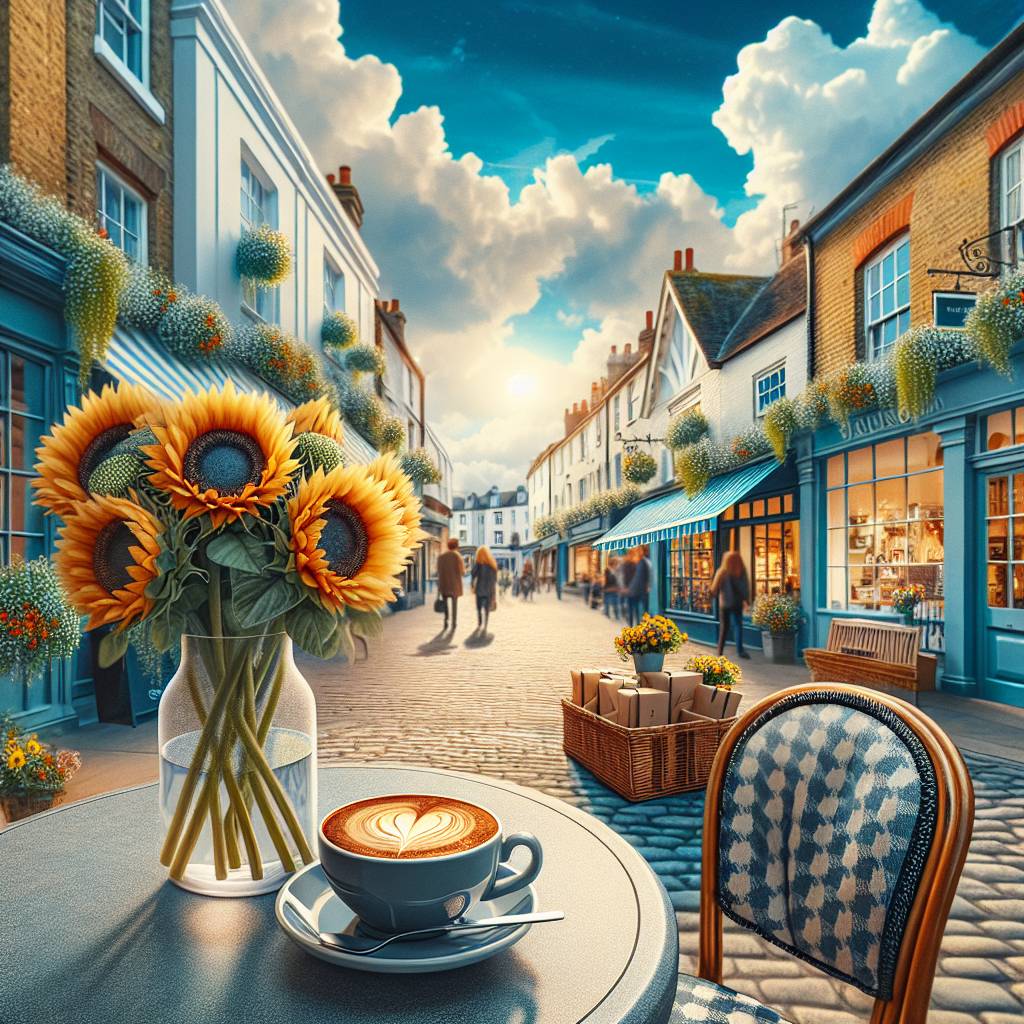 2) Valentines-day AI Generated Card - Bistro table set for two outside a café , Vinyl records, English market street town, Cappuccino on the table, Love, Sunflowers, Shops, and Blue sky (51d0e)