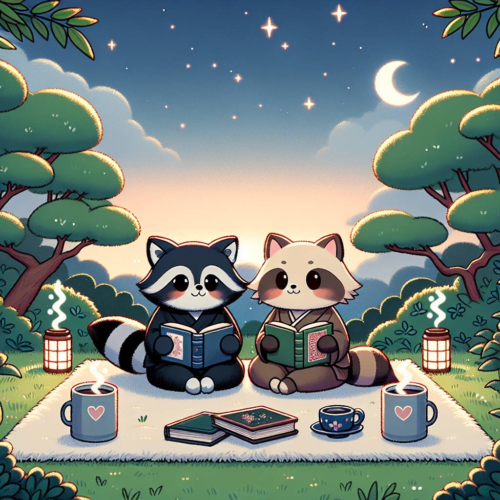 2) Valentines-day AI Generated Card - Raccoon, Black cat, Books, Stars, Breakfast, Japan, and Hot chocolate  (d0767)