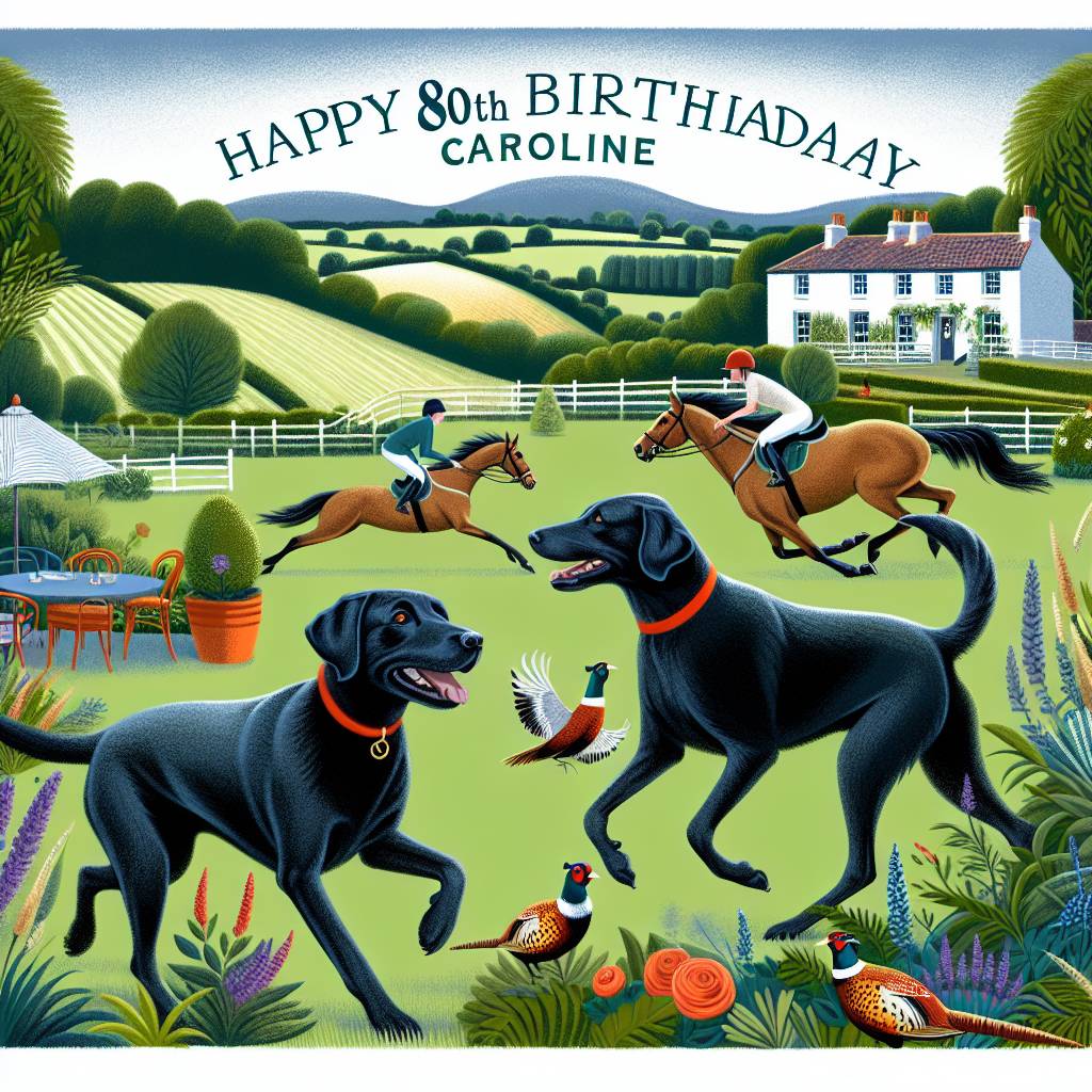 1) Birthday AI Generated Card - 2 black Labradors, Horse racing, Countryside , Gardening , Pheasants , and Happy 80th birthday Caroline (4a8b6)