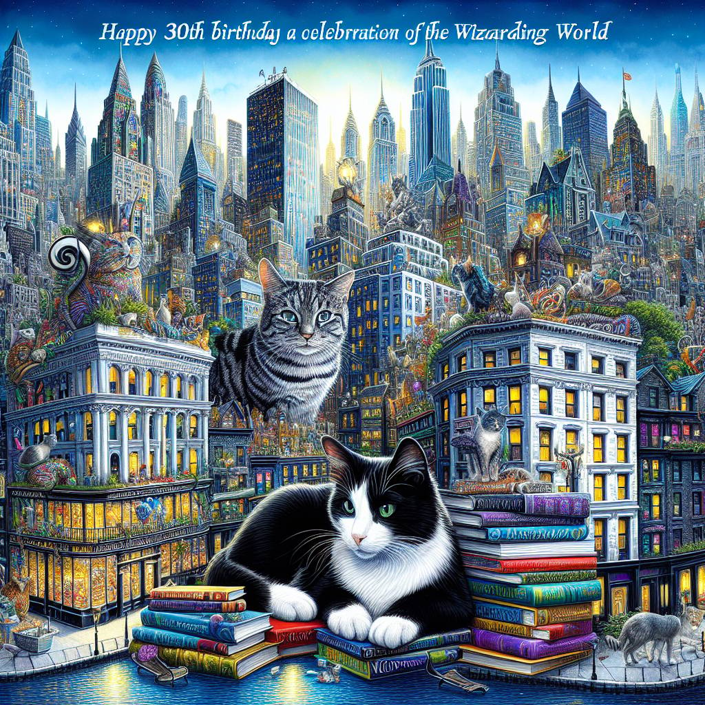 2) Birthday AI Generated Card - Black and white cat, Tabby cat, New york city, Harry Potter, Books, and 30 (7eff1)