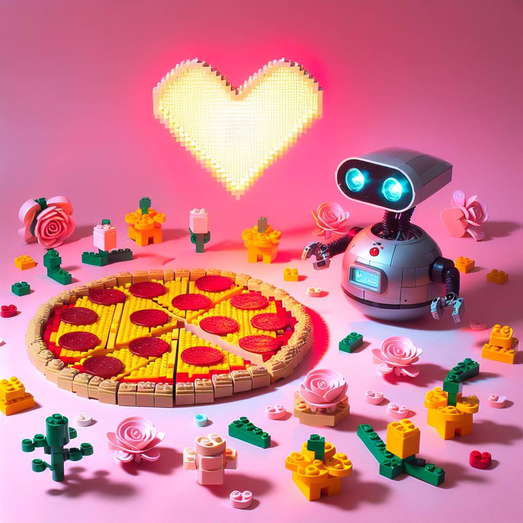 2) Valentines-day AI Generated Card - Pepperoni pizza made from lego , R2d2 projecting a love heart, and Pastel Lego flowers in the background (76d3d)