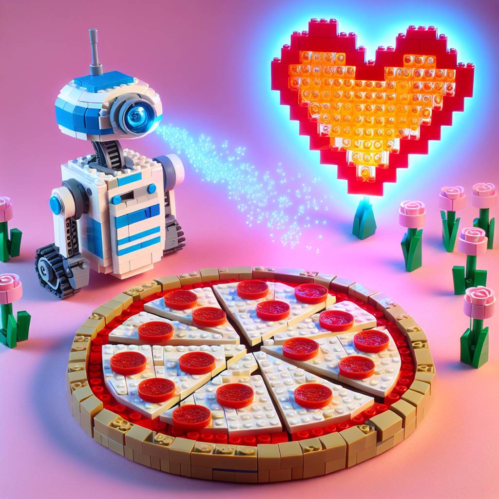 1) Valentines-day AI Generated Card - Pepperoni pizza made from lego , R2d2 projecting a love heart, and Pastel Lego flowers in the background (db509)