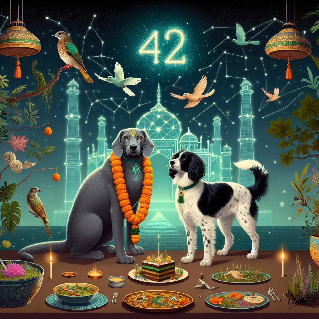 2) Birthday AI Generated Card - Grey cat, Bracco dog, India , Vegetarian , Plants, and 42 (fc17e)