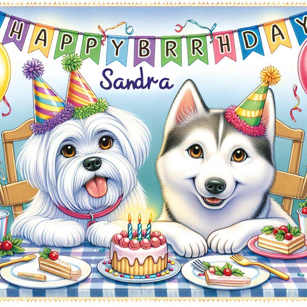 1) Birthday AI Generated Card - White Maltese terrier, White husky, and White Maltese terrier and white husky wearing party hats with brown eyes. Sat at party table with 'Happy birthday Sandra' banner (c40b9)