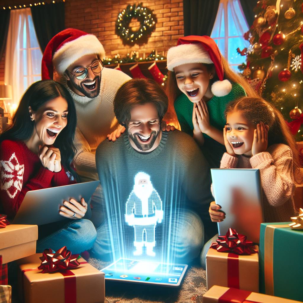 4) Christmas AI Generated Card - Warm family christmas time home tech, Santa close presents, and Laptops (20e39)