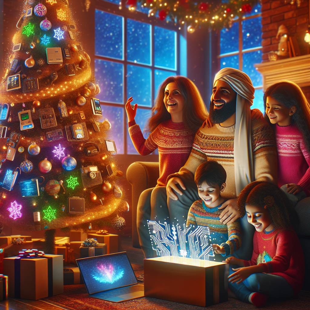 1) Christmas AI Generated Card - Warm family christmas time home tech, Santa close presents, and Laptops (fe2bd)