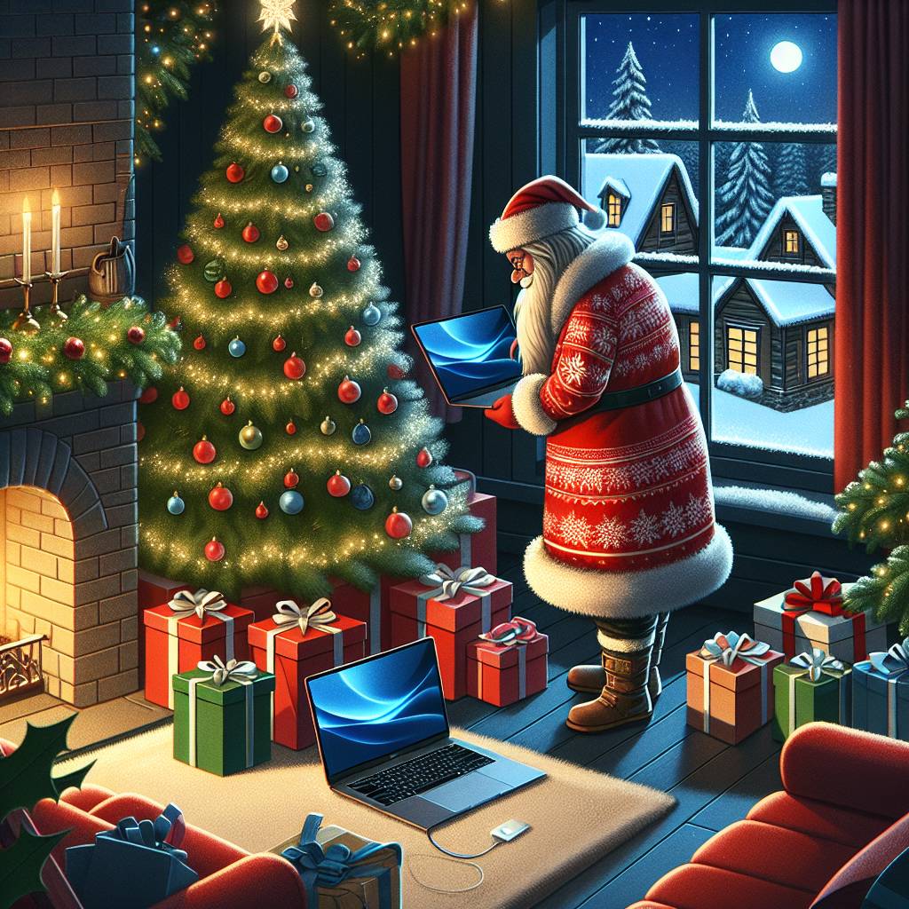 2) Christmas AI Generated Card - Warm family christmas time home tech, Santa close presents, and Laptops (d4ce0)
