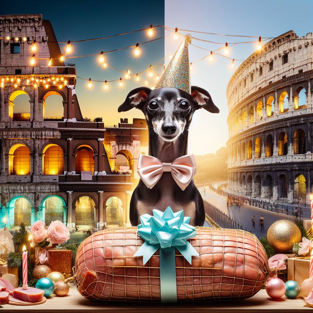 2) Birthday AI Generated Card - Black Italian Greyhound, Ancient Rome, and Ham (d2a41)