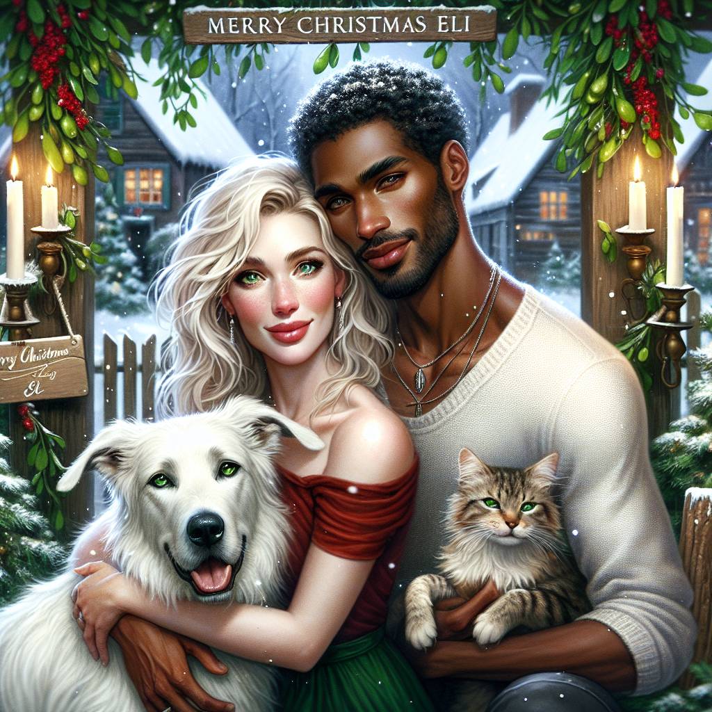 4) Christmas AI Generated Card - Love, White blonde woman with green eyes, Tall brown man with brown eyes, White wolfhound dog, and Small pretty tabby cat  (7ab11)