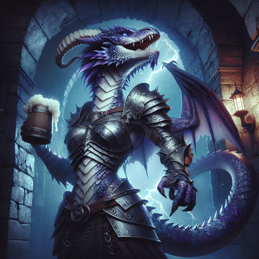 1) Birthday AI Generated Card - Female humanoid dragon, Purple and blue scales, Horns, Dragon tail, Chainmail armour, Beer pitcher, Dungeon, Lightning , and Weilding a battle axe (4ed20)