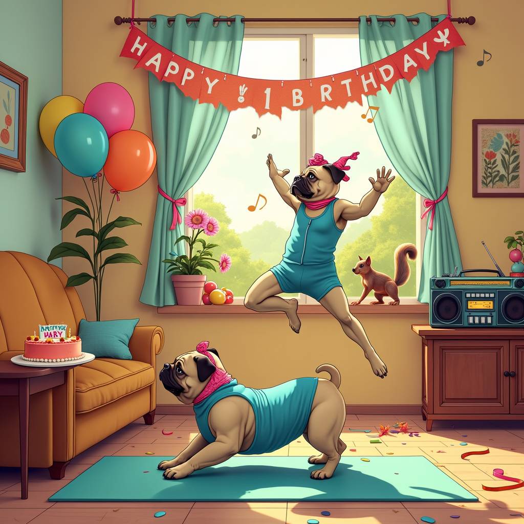 2) Birthday AI Generated Card - Pug, Labrador, and Pilates (f9d16)