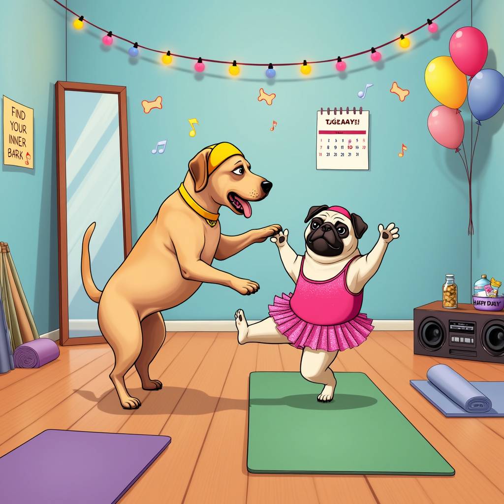 1) Birthday AI Generated Card - Pug, Labrador, and Pilates (567ad)