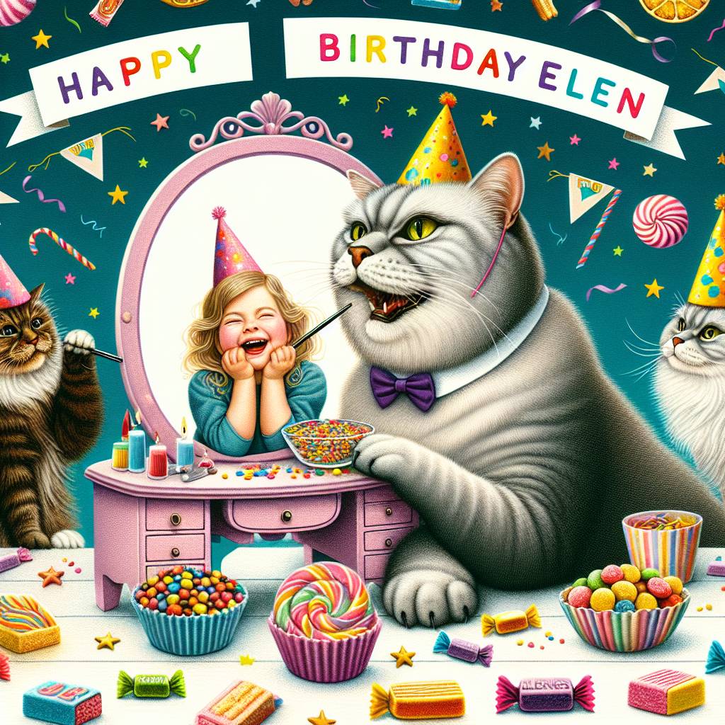 1) Birthday AI Generated Card - Cats, Makeup, Brown haired boyfriend with a big bum, 4 year old blonde daughter , and Freeze dried sweets (16151)