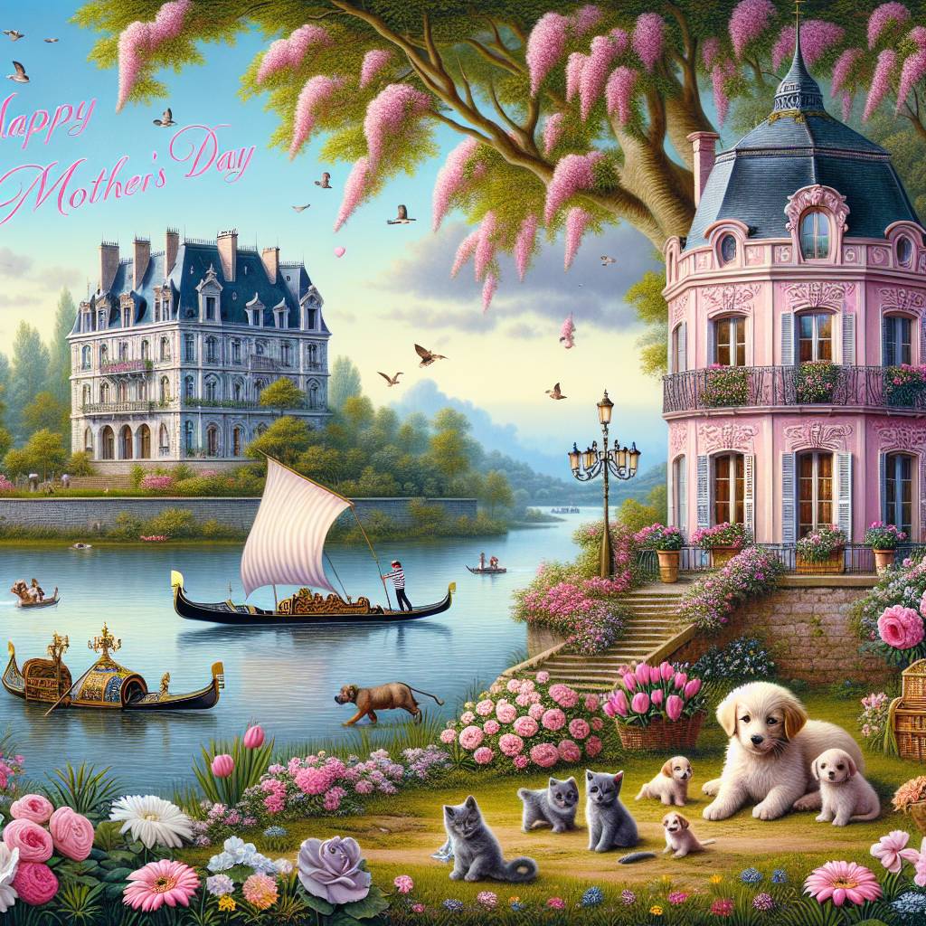 2) Mothers-day AI Generated Card - Gondola , France, Pink castle, Puppies, Kittens, Flowers, Palm tree, Cruise ship, and Baby elephant  (ff56e)