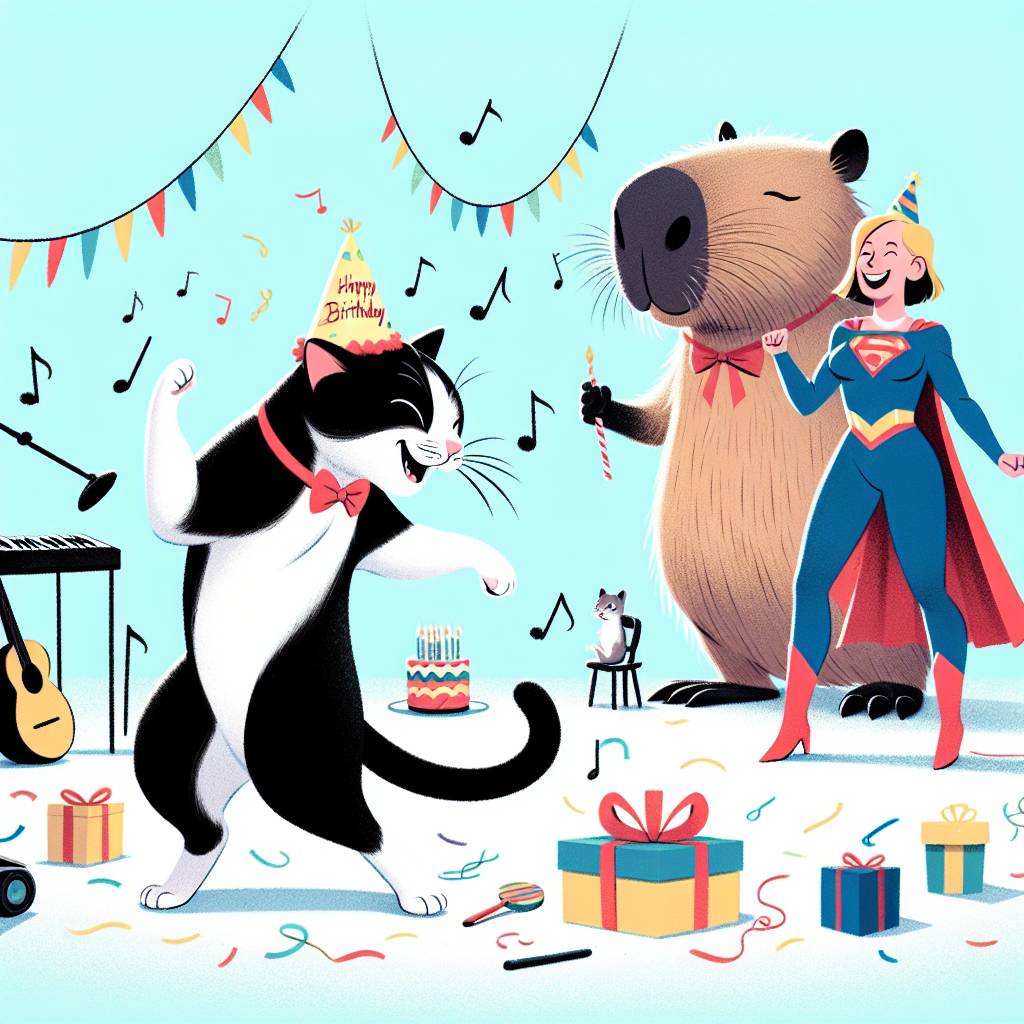 2) Birthday AI Generated Card - Black and white cat, Captain Marvel, Music, and Capybara  (e120e)