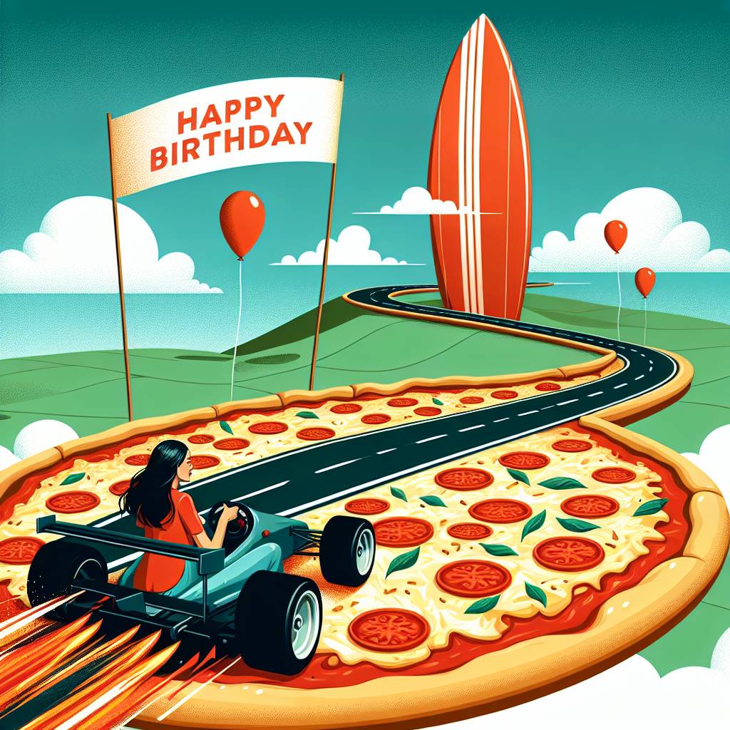 3) Birthday AI Generated Card - Racing cars, Surfing, and Pizza (79187)})
