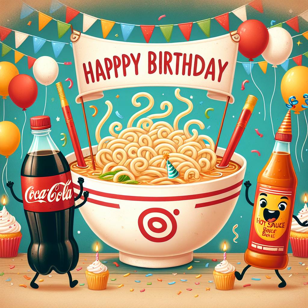 1) Birthday AI Generated Card - Ramen, Cola, and Hot sauce  (d6400)