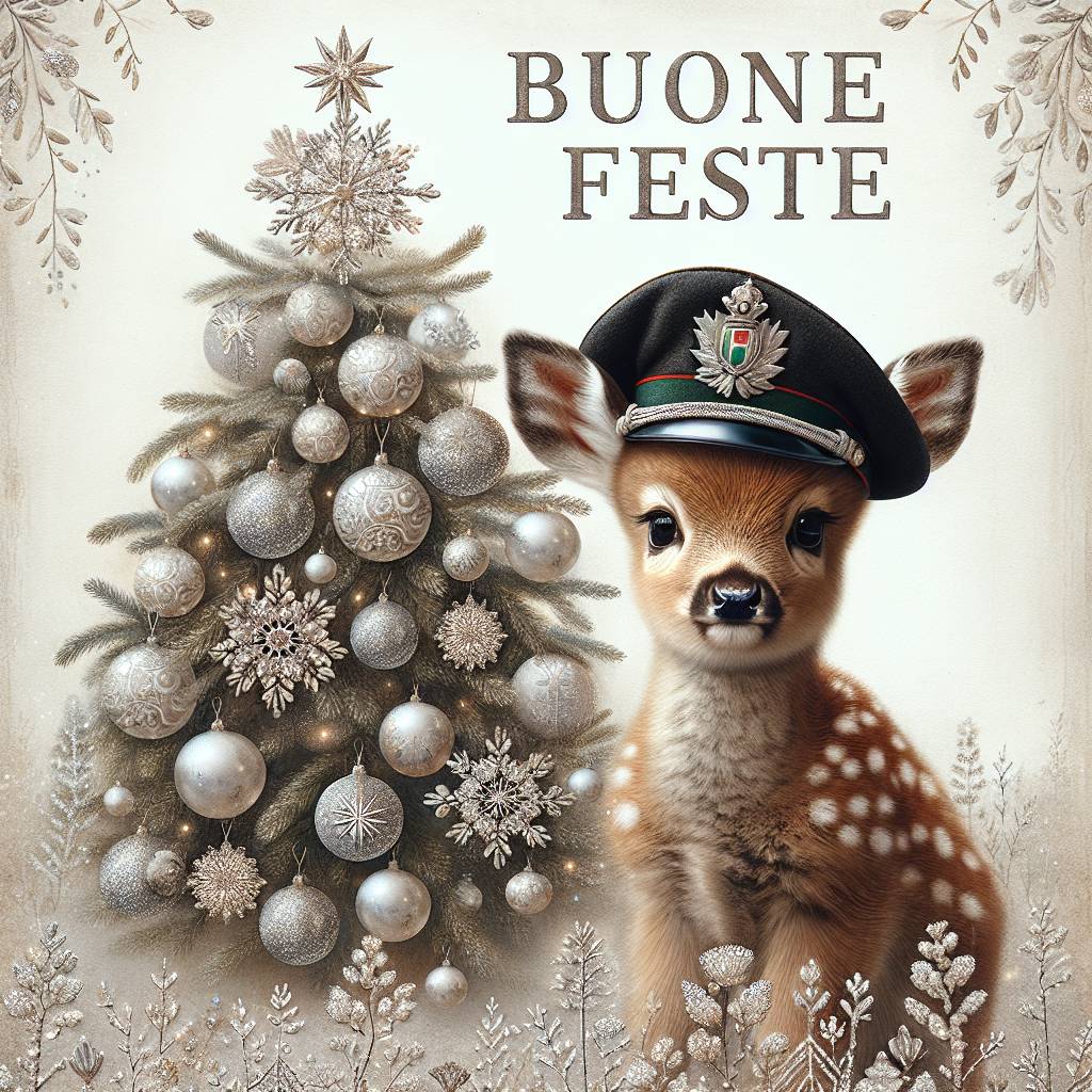 1) Christmas AI Generated Card - cerbiatto con cappello carabinieri albero natale fiocchi di neve (b5fe0)