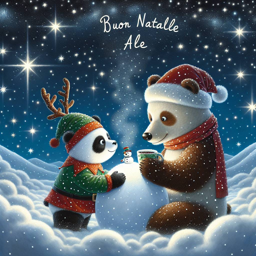 3) Christmas AI Generated Card - Panda, Bear, Starry sky, Snow, and Hot chocolate (ae67f)