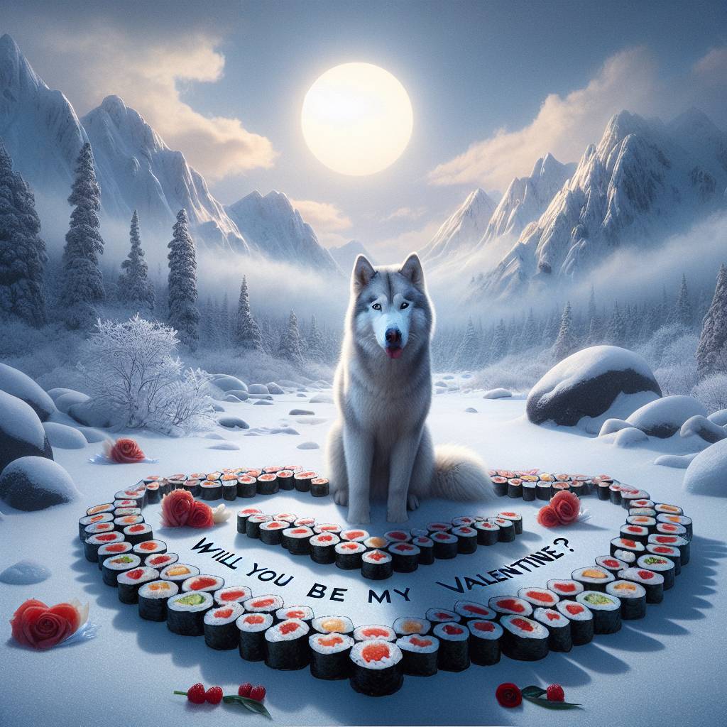 2) Valentines-day AI Generated Card - Snow covered mountains, Husky, Sushi, Hearts, and Text: Will You Be My Valentine? (60376)