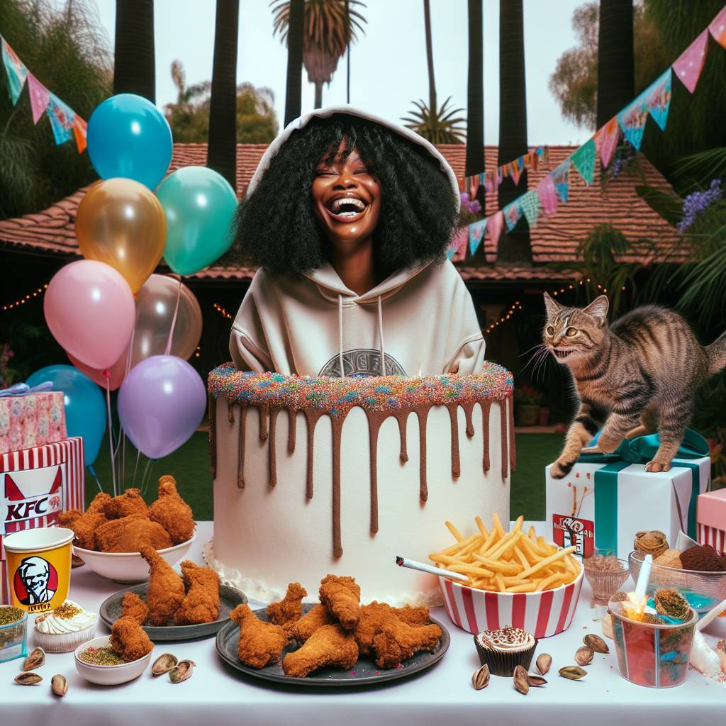 1) Birthday AI Generated Card - Mixed race black woman with really curly shoulder length black hair wearing a hoodie up, Tabby kitten striped brown, Birthday cake celebration candles, Happy, Smoking weed marijuana cannabis, Balloons and presents, Fried chicken KFC, Fries, pistachios, ice cream, mushrooms, and Outdoors palm trees (88e6f)