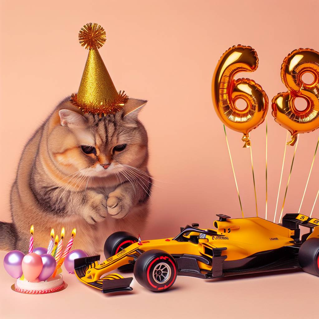 2) Birthday AI Generated Card - Fat tabby cat, Lewis Hamilton f1 car, and 58 birthday (db89f)