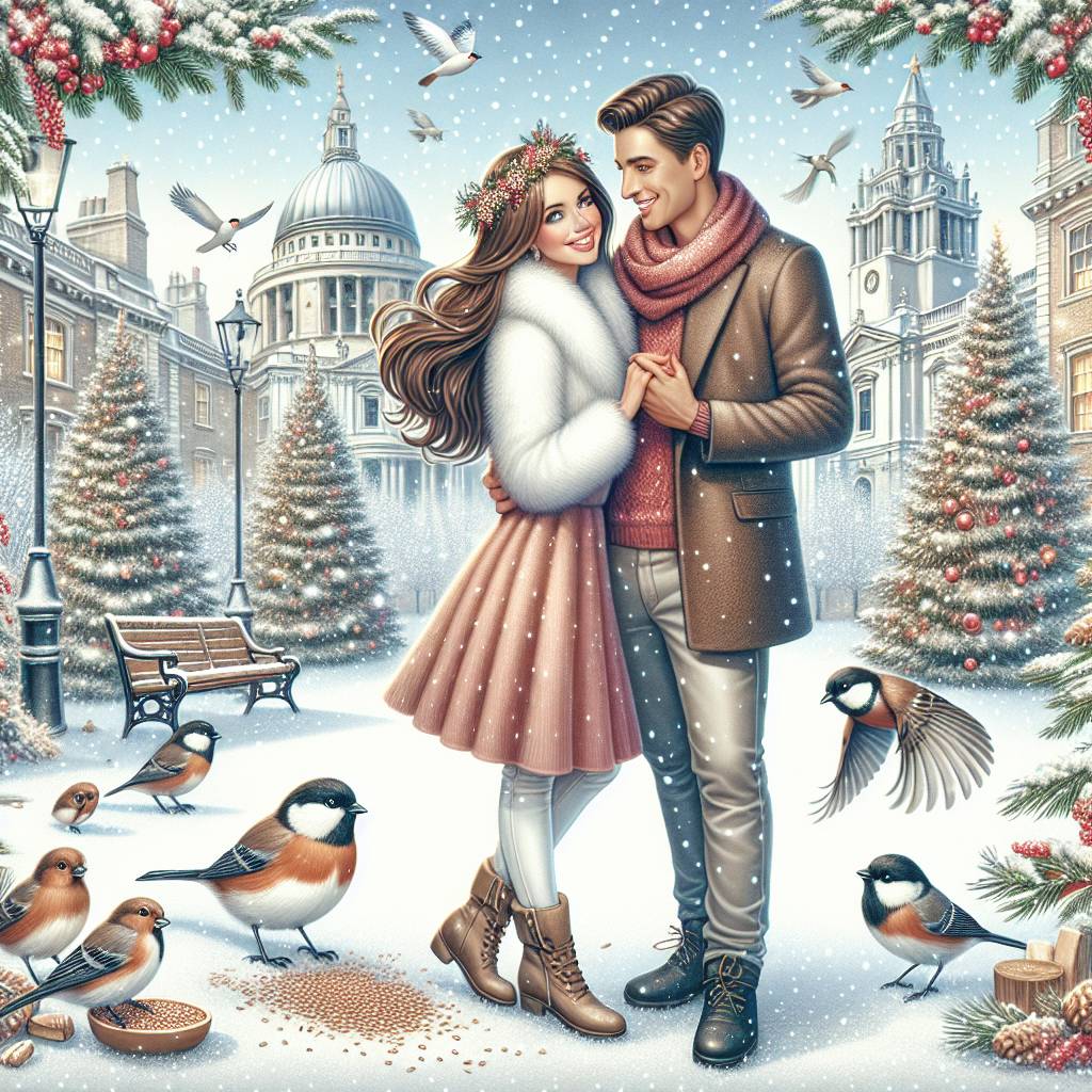 1) Christmas AI Generated Card - Snowy London, White girlfriend with white skin and long brown hair, White boyfriend with white skin and short brown hair, and Birds (cb7d8)