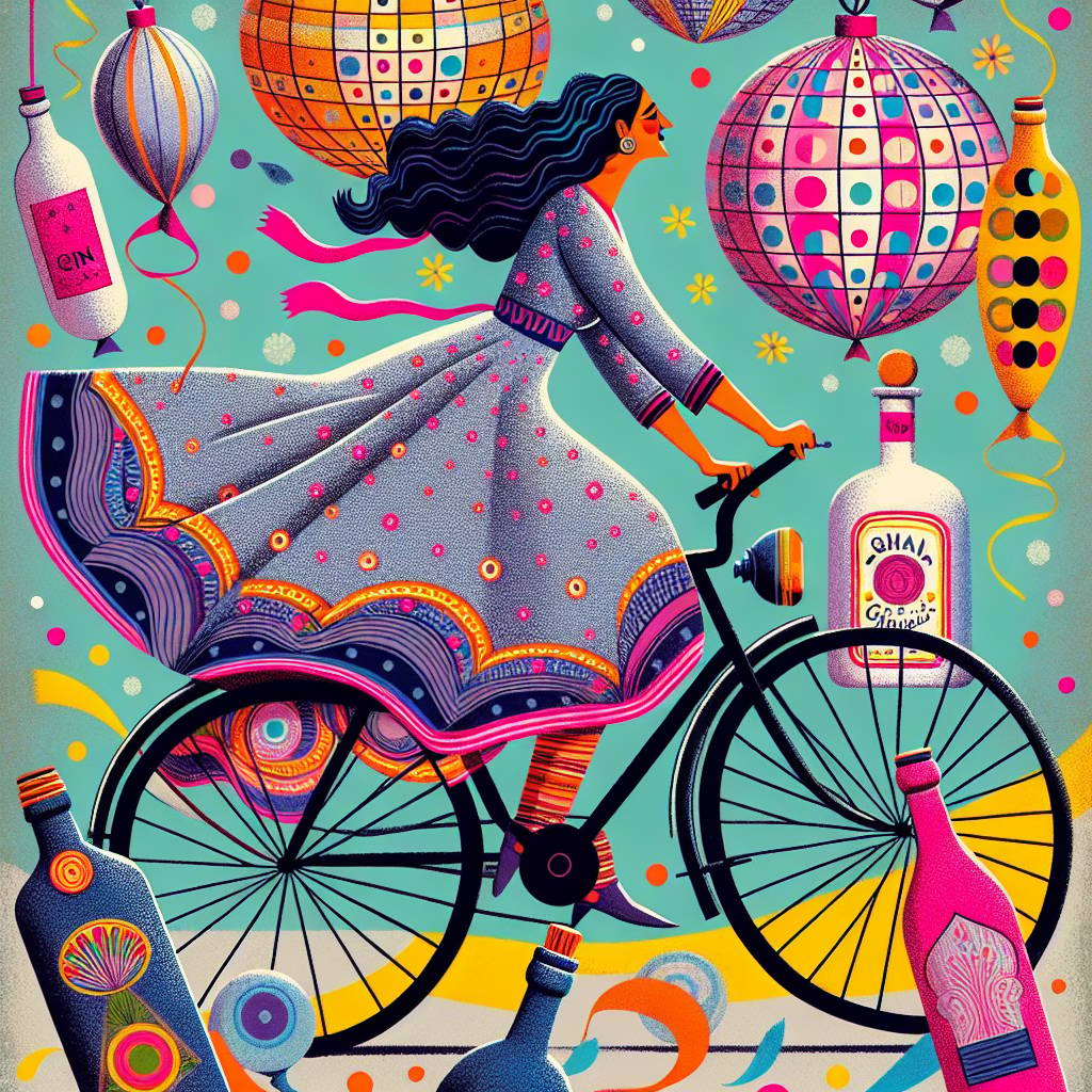 3) Birthday AI Generated Card - Indian Woman on a bike, Orla Kiely's pattern dress with long socks, and Gin and tonic disco music