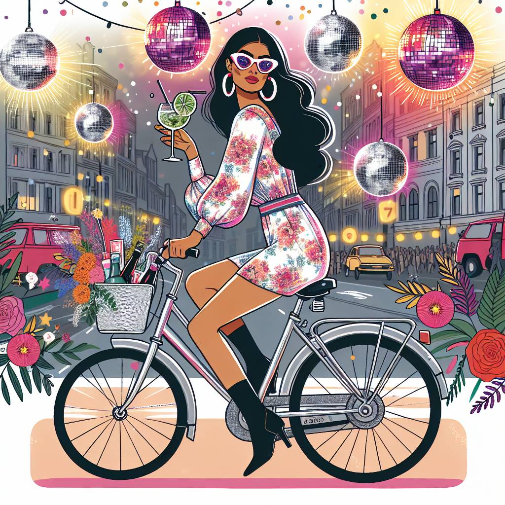 2) Birthday AI Generated Card - Indian Woman on a bike, Orla Kiely's pattern dress with long socks, and Gin and tonic disco music