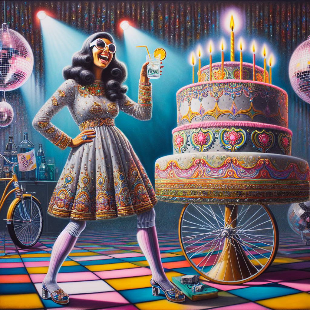 4) Birthday AI Generated Card - Indian Woman on a bike, Orla Kiely's pattern dress with long socks, and Gin and tonic disco music