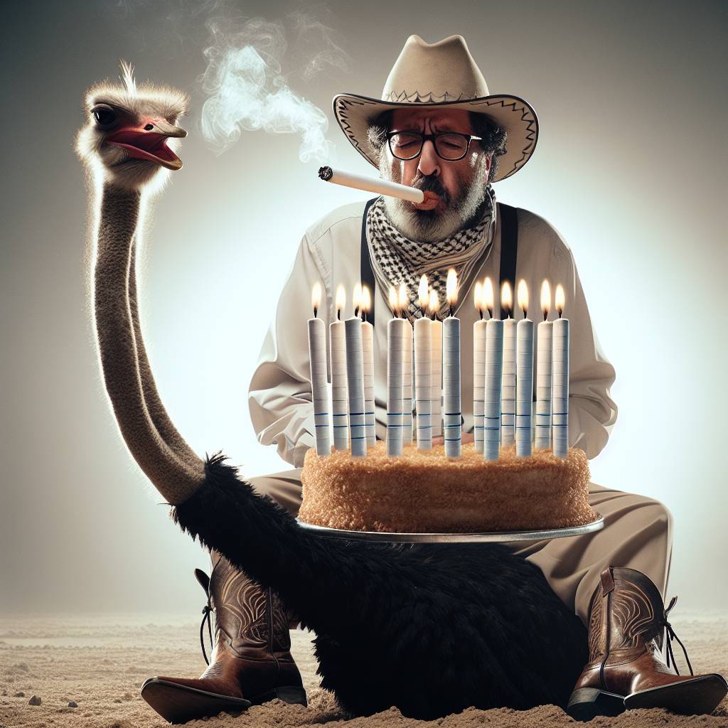 1) Birthday AI Generated Card - There is a guy with glasses, He has a cold, He wears cowboy boots and a cowboy shirt, He is riding an ostrich, and He is blowing out candles on a birthday cake that look like cigarettes (96010)