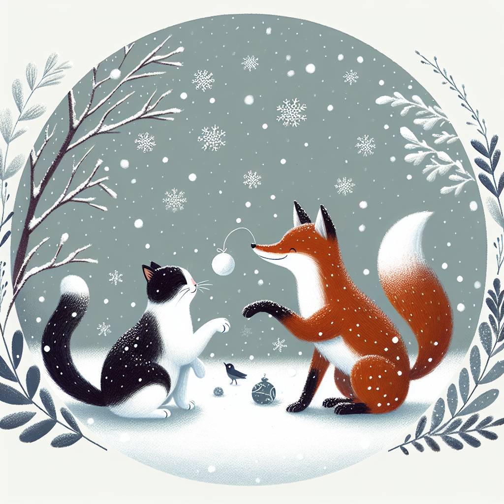 1) Christmas AI Generated Card - Black and white cat, fox, playing in snow (129cf)