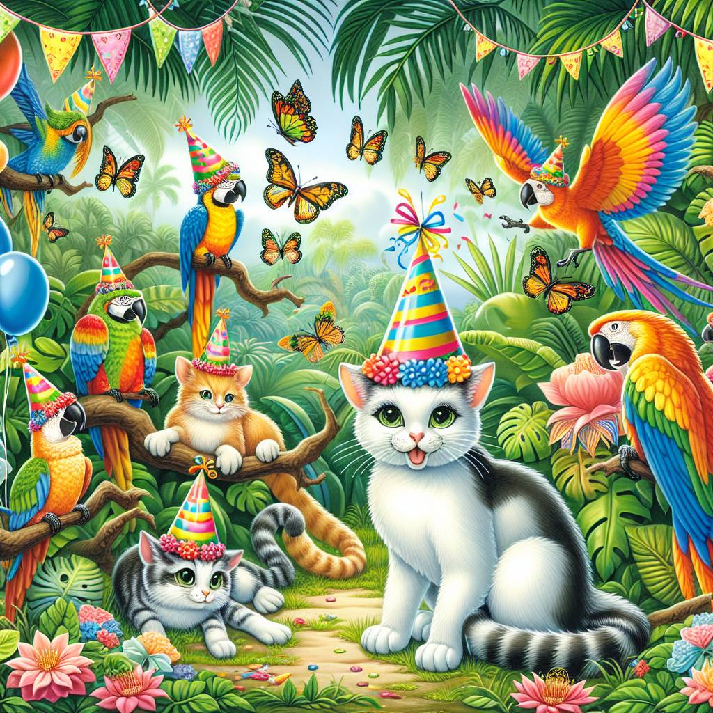 1) Birthday AI Generated Card - Cats, Parrots, Butterflies, and Tropical (fa22e)