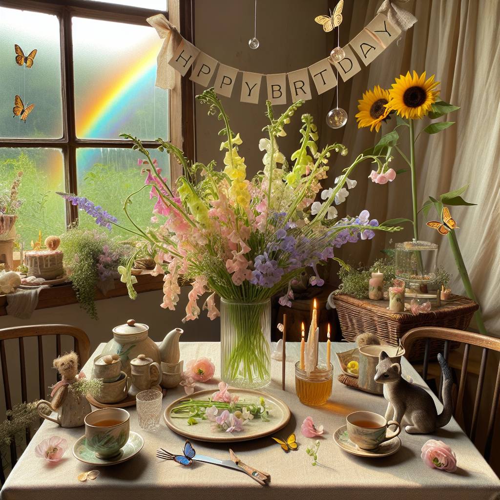 2) Birthday AI Generated Card - Sweetpea , Sunflowers , Tea, Tabby cat, Butterfly , Rainbow, and Deer (3d420)