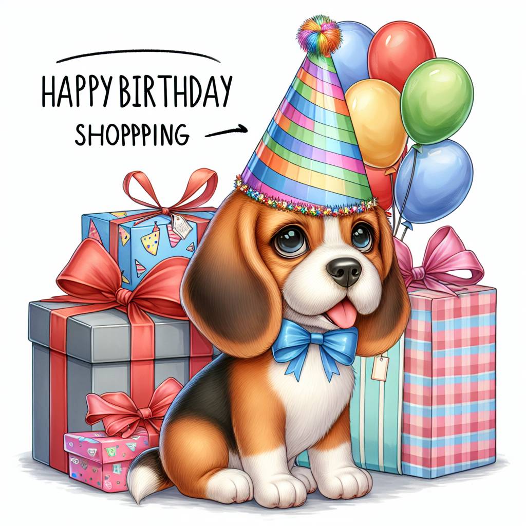 1) Birthday AI Generated Card - Beagle , and Shopping (78086)